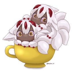 Rule 34 | 2girls, auchu jin, black skin, claws, clone, colored skin, cup, extra arms, faputa, highres, in container, in cup, looking at viewer, made in abyss, mini person, minigirl, monster girl, multiple girls, multiple tails, simple background, tail, teacup, twitter username, white background, white fur, white hair, yellow eyes