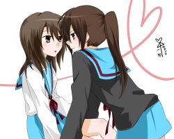 Rule 34 | 2girls, :o, black cardigan, blue sailor collar, blue skirt, blush, brown eyes, brown hair, cardigan, character name, closed mouth, commentary request, eye contact, from side, genderswap, genderswap (mtf), hair between eyes, heart, heart of string, kita high school uniform, koizumi itsuki (female), kyonko, long hair, long sleeves, looking at another, multiple girls, open mouth, ponytail, red ribbon, ribbon, ruby b2, sailor collar, school uniform, serafuku, simple background, skirt, suzumiya haruhi no yuuutsu, translation request, white background, yuri