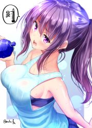 Rule 34 | 1girl, bare arms, bare shoulders, blue shirt, blue skirt, blush, bottle, breasts, collarbone, hair between eyes, holding, holding bottle, large breasts, liquid-in-glass thermometer, long hair, looking at viewer, mokufuu, open mouth, original, pleated skirt, ponytail, purple eyes, purple hair, shirt, sideboob, sidelocks, skirt, skull and crossbones, solo, sweat, tank top, thermometer, twitter username, very long hair, water bottle