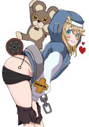Rule 34 | 1boy, absurdres, artist request, ass, bike shorts, blonde hair, blue eyes, blush, bridget (guilty gear), clothes pull, fingerless gloves, gloves, grin, guilty gear, guilty gear strive, highres, looking at viewer, male focus, medium hair, shorts, shorts pull, simple background, skirt, skirt pull, smile, solo, stuffed animal, stuffed toy, trap, white background
