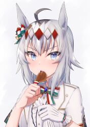 Rule 34 | 1girl, absurdres, ahoge, animal ears, bell, blue eyes, blush, breasts, brooch, buttons, center frills, chicken leg, commentary request, dress, eating, food, frills, gem, gloves, gold trim, grey hair, hair ornament, highres, holding, holding food, horse ears, horse girl, jewelry, looking at viewer, medium breasts, official alternate costume, oguri cap (miraculous white star) (umamusume), oguri cap (umamusume), short sleeves, signature, simple background, single glove, solo, umamusume, upper body, white background, white dress, white gloves, yu sakae
