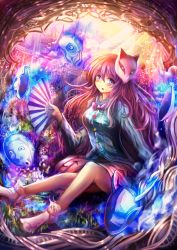 Rule 34 | 1girl, bad id, bad pixiv id, border, bow, bowtie, bubble skirt, cuby (dondoriansama), folding fan, fox mask, grass, hand fan, hata no kokoro, highres, light particles, light rays, long hair, looking at viewer, mask, monkey mask, multicolored background, no shoes, noh mask, on ground, oni mask, pink eyes, pink hair, plaid, plaid shirt, shirt, sitting, skirt, solo, sunbeam, sunlight, tabi, touhou