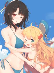 Rule 34 | 10s, 2girls, aged down, ahoge, atago (kancolle), beads, beret, bikini, black hair, blonde hair, blue bikini, blue hat, blue sky, blush, breast press, breasts, cleavage, cloud, commentary request, day, frilled bikini, frills, green eyes, hair beads, hair ornament, hat, heart, highres, hug, kagerou (shadowmage), kantai collection, large breasts, leaning forward, long hair, looking at viewer, multiple girls, navel, one eye closed, open mouth, orange bikini, outdoors, red eyes, side-tie bikini bottom, sky, small breasts, standing, swimsuit, takao (kancolle), water drop