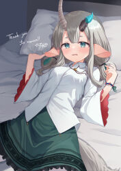 Rule 34 | 1girl, animal ears, aqua eyes, bed, bed sheet, black skirt, blue eyes, blush, borrowed character, breasts, commission, english text, green skirt, grey hair, highres, horns, jewelry, layered sleeves, long hair, long sleeves, looking at viewer, lying, on back, on bed, open mouth, original, pantyhose, parted lips, pillow, pointy ears, ribbon, sese nagi, shirt, skeb commission, skirt, small breasts, solo, tail, thick eyebrows, twintails, white hair, white pantyhose, white shirt, wide sleeves, wristband