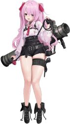 Rule 34 | 1girl, belt, bondage outfit, boots, flat chest, full body, goddess of victory: nikke, head tilt, holding, holding whip, mole, mole under mouth, non-web source, official art, pink hair, solo, thick thighs, thighs, twintails, weapon, weapon on back, whip, xi xeong, yuni (nikke)