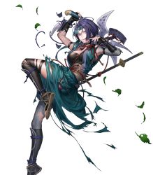 Rule 34 | 1girl, arm guards, armor, armpits, axe, battle axe, black thighhighs, breasts, broken armor, choker, clenched teeth, fingerless gloves, fire emblem, fire emblem: three houses, fire emblem heroes, fishnets, full body, gloves, headgear, highres, holding, holding weapon, japanese clothes, leaf, leg up, looking away, medium breasts, ninja, nintendo, obi, official art, p-nekor, parted bangs, parted lips, purple eyes, purple hair, sandals, sash, shamir nevrand, short hair, solo, sword, teeth, thighhighs, thighs, torn clothes, transparent background, weapon