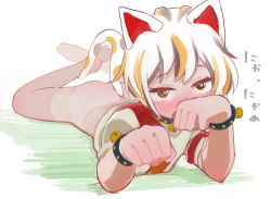 Rule 34 | 1girl, absurdres, animal ears, ass, bad id, bad pixiv id, bell, blush, bottomless, brown eyes, cat ears, cat tail, clenched hand, goutokuji mike, highres, jingle bell, lying, on stomach, open mouth, simple background, solo, tail, touhou, uminotacos, white background, white hair