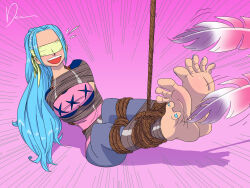 Rule 34 | 1girl, absurdres, arms behind back, barefoot, bdsm, blindfold, blue hair, blush, bondage, bound, breasts, brown eyes, deaart, feathers, full body, highres, medium breasts, nail polish, nefertari vivi, one piece, pink background, rope, source request, tape, tape bondage, tickling, toenail polish, toenails, variant set