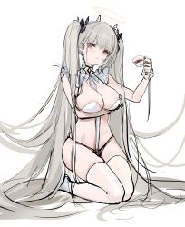 Rule 34 | 1girl, absurdly long hair, absurdres, arm under breasts, azur lane, bare shoulders, between breasts, black panties, black ribbon, blush, bow, bra, breast hold, breasts, choker, cleavage, closed mouth, cup, demon horns, earrings, eyelashes, formidable (azur lane), frills, full body, grey hair, hair bow, hair ribbon, halo, hand up, head tilt, highres, holding, holding cup, horns, jewelry, kincora, kneeling, large breasts, long hair, looking at viewer, multi-strapped panties, navel, necktie, panties, pink eyes, revealing clothes, ribbon, saucer, seiza, simple background, sitting, sketch, skindentation, solo, string panties, tea, teacup, thighhighs, thighs, twintails, two-tone ribbon, underwear, underwear only, unfinished, very long hair, white background, white thighhighs, wrist cuffs
