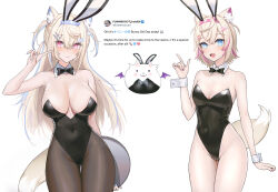 Rule 34 | 2girls, animal ear fluff, animal ears, bat wings, black leotard, black pantyhose, blonde hair, blue eyes, blue hair, blush, breasts, bunny day, cleavage, collar, colored inner hair, commentary, cuffs, detached collar, dog ears, dog girl, dog tail, fang, fuwawa abyssgard, hair ornament, hairpin, highres, holding, holding tray, hololive, hololive english, large breasts, leotard, long hair, looking at viewer, mococo abyssgard, multicolored hair, multiple girls, pantyhose, perroccino (fuwamoco), pink eyes, pink hair, playboy bunny, quandoo, rabbit ears, revision, siblings, sisters, small breasts, smile, streaked hair, tail, tray, tweet, twins, virtual youtuber, white collar, white wrist cuffs, wings, wrist cuffs, x hair ornament
