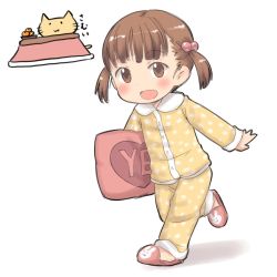 Rule 34 | 1girl, :d, aaaa (quad-a), bad id, bad pixiv id, blush, brown eyes, brown hair, cat, child, food, fruit, full body, hair bobbles, hair ornament, highres, kotatsu, long sleeves, mandarin orange, open mouth, original, outstretched arm, pajamas, pants, pink footwear, polka dot, polka dot pajamas, polka dot pants, polka dot shirt, shirt, short hair, short twintails, slippers, smile, solo, standing, standing on one leg, table, twintails, white background, yellow pajamas, yellow pants, yellow shirt, yes-no pillow