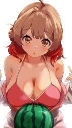 Rule 34 | 1girl, :o, absurdres, ahoge, bikini, blush, breast rest, breasts, brown hair, cleavage, collarbone, commentary request, food, front-tie bikini top, front-tie top, fruit, gakuen idolmaster, gradient hair, hair bun, halterneck, hanami ume, highres, idolmaster, jacket, jacket partially removed, kimi to semi blue (idolmaster), large breasts, looking at viewer, multicolored hair, red bikini, red hair, sanami (sanami t 38), simple background, single side bun, solo, swimsuit, two-sided fabric, two-sided jacket, upper body, watermelon, white background, white jacket