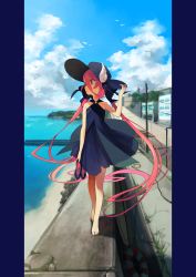 Rule 34 | 1girl, absurdres, bad id, bad twitter id, bare shoulders, barefoot, beach, black dress, bow, building, cloud, curly hair, day, dress, eyebrows, full body, hair bow, hand on headwear, hat, highres, holding, holding shoes, horns, iwato1712, lifebuoy, long hair, looking away, o-ring, o-ring top, ocean, original, pillarboxed, pink eyes, pink hair, power lines, red eyes, ribbon, road, shoes, sky, slippers, solo, street, sun hat, swim ring, twintails, unworn shoes, very long hair, walking, walking on railing