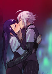 Rule 34 | 2girls, absurdres, ahoge, bartender, commentary request, cyberpunk, cyborg, dana zane, closed eyes, grey hair, height difference, highres, jill stingray, joints, kiss, long hair, mechanical arms, mugitarou, multiple girls, prosthesis, prosthetic arm, purple hair, red eyes, robot joints, single mechanical arm, twintails, va-11 hall-a, vest, yuri