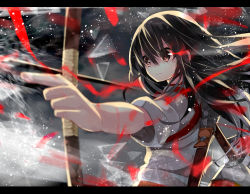 Rule 34 | &gt;:|, 10s, 1girl, :|, akagi (kancolle), amakawa sakko, arrow (projectile), bad id, bad pixiv id, bow (weapon), broken glass, closed mouth, drawing bow, glass, holding, holding bow (weapon), holding weapon, kantai collection, letterboxed, pointing, quiver, solo, v-shaped eyebrows, weapon