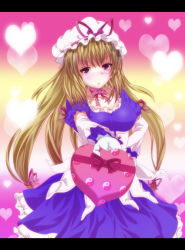 Rule 34 | 1girl, blonde hair, blush, bow, breasts, choker, cleavage, detached sleeves, dress, elbow gloves, female focus, frilled dress, frills, gift, gloves, hat, hat ribbon, heart, letterboxed, long hair, medium breasts, purple eyes, ribbon, solo, touhou, valentine, very long hair, white gloves, wrr, wrwr, yakumo yukari