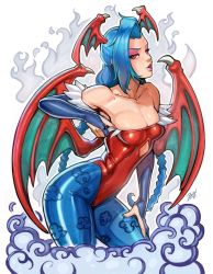 Rule 34 | 1girl, blue hair, braid, breasts, cleavage, cosplay, female focus, jinx (league of legends), league of legends, leotard, lilith aensland, lilith aensland (cosplay), pantyhose, red eyes, reiq, riot games, small breasts, strapless, vampire (game)