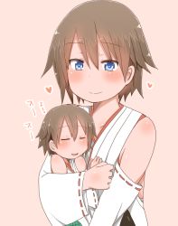 Rule 34 | 10s, bare shoulders, blue eyes, brown hair, closed mouth, detached sleeves, heart, hentai shinshi komakichi-kun, hiei (kancolle), highres, kantai collection, long sleeves, nontraditional miko, short hair, sleeping, smile, wide sleeves, aged down, zzz