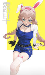Rule 34 | 1girl, animal ear legwear, animal ears, arm support, asymmetrical sleeves, belt, belt chain, black belt, black gloves, black nails, blue choker, blue dress, blue eyes, blue eyeshadow, bracelet, breasts, brown hair, chain necklace, character name, choker, cleavage, closed mouth, dress, eoe, eyebrow piercing, eyeshadow, fake animal ears, feet out of frame, fishnet armwear, from above, gloves, highres, jewelry, long hair, looking at viewer, low twintails, luzao (eoe), makeup, medium breasts, mentha, necklace, o-ring, o-ring choker, pencil dress, piercing, purple lips, rabbit ear legwear, rabbit ears, short dress, single glove, single thighhigh, sitting, solo, spaghetti strap, spiked bracelet, spiked choker, spikes, thighhighs, twintails, two-tone background, uneven sleeves, v-shaped eyebrows, very long hair, virtual youtuber, white background, white sleeves, white thighhighs, yellow background
