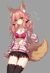 Rule 34 | 10s, 1girl, :3, animal ears, arm at side, bikini, bikini top only, black legwear, black shorts, blush, breasts, brown eyes, chocoan, cleavage, closed mouth, collarbone, cowboy shot, fate/extella, fate/extra, fate (series), fox ears, fox tail, grey background, hair ornament, hair scrunchie, heart, hood, hoodie, jacket, jewelry, long hair, looking at viewer, low twintails, medium breasts, necklace, official alternate costume, open clothes, open jacket, partially unzipped, paw pose, pendant, pink bikini, pink hair, scrunchie, short shorts, shorts, simple background, sleeves past wrists, solo, standing, strapless, strapless bikini, striped clothes, striped hoodie, striped jacket, swimsuit, tail, tamamo (fate), tamamo no mae (fate/extra), tamamo no mae (spring casual) (fate), tareme, thigh gap, tsurime, twintails, wavy hair, zipper