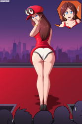 Rule 34 | 1girl, annoyed, ass, assentlov, audience, blue eyes, blush, breasts, brown hair, cappy (mario), cityscape, covering own mouth, donkey kong (series), earrings, from behind, hand over own mouth, hat, high heels, highres, jewelry, legs, long hair, looking back, mario (series), night, night sky, nintendo, panties, pauline (mario), red eyes, red skirt, shadow, shiny skin, skirt, sky, super mario odyssey, sweat, thighs, underwear, upskirt, white panties