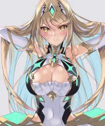 Rule 34 | 1girl, adjusting hair, bare shoulders, blonde hair, blush, breasts, chest jewel, cleavage, cleavage cutout, clothing cutout, dress, earrings, elbow gloves, gloves, inoue takuya (tactactak), jewelry, large breasts, long hair, looking at viewer, mythra (xenoblade), nintendo, solo, swept bangs, tiara, very long hair, white dress, white gloves, xenoblade chronicles (series), xenoblade chronicles 2, yellow eyes
