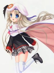 Rule 34 | 1girl, :d, absurdres, black jacket, blonde hair, blue eyes, blush, cape, capelet, fang, floating hair, from side, grey skirt, hat, hat ribbon, highres, jacket, kud wafter, little busters!, long hair, long sleeves, miniskirt, na-ga, noumi kudryavka, official art, open mouth, pink neckwear, plaid, plaid skirt, pleated skirt, purple ribbon, ribbon, school uniform, simple background, skirt, smile, solo, standing, standing on one leg, thighhighs, very long hair, white background, white cape, white capelet, white hat, white thighhighs, zettai ryouiki