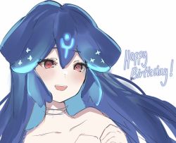 Rule 34 | 1girl, bao (vtuber), bao (vtuber) (1st costume), blue hair, close-up, collarbone, commentary, english commentary, happy birthday, highres, indie virtual youtuber, long hair, open mouth, red eyes, solo, tagicrabbu, virtual youtuber, white background
