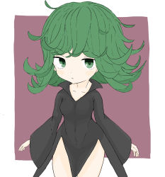 Rule 34 | 1girl, absurdres, black dress, breasts, brown background, closed mouth, collarbone, commentary request, dress, green eyes, green hair, highres, long hair, long sleeves, looking at viewer, one-punch man, rururu (pyrk8855), small breasts, solo, tatsumaki, two-tone background, white background, wide sleeves