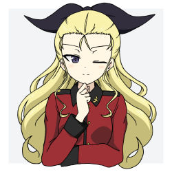 Rule 34 | 1girl, assam (girls und panzer), black ribbon, blonde hair, blue eyes, border, closed mouth, commentary, cropped torso, epaulettes, girls und panzer, grey background, hair pulled back, hair ribbon, hand on own chin, ichinose jun, insignia, jacket, long hair, long sleeves, looking at viewer, milestone celebration, military, military uniform, red jacket, ribbon, smile, solo, st. gloriana&#039;s military uniform, uniform, upper body, white border