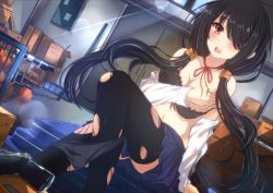 Rule 34 | 10s, 1girl, ball, basketball, basketball (object), black bra, black hair, black panties, black thighhighs, blush, bra, breasts, cleavage, clothes pull, covering privates, covering breasts, date a live, desk, dutch angle, garter straps, hair over one eye, jianren, large breasts, legs, lingerie, long hair, looking at viewer, open mouth, panties, red eyes, school uniform, sitting, skirt, skirt pull, solo, storage room, thighhighs, tokisaki kurumi, torn clothes, torn thighhighs, twintails, underwear, undressing