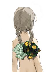 Rule 34 | 1girl, absurdres, braid, completely nude, facing away, from behind, green ribbon, hair ribbon, highres, long hair, nude, original, plaid, plaid ribbon, polka dot, polka dot ribbon, ribbon, simple background, solo, twin braids, twintails, upper body, white background, yk (tnkau)