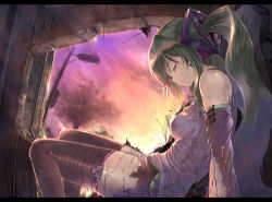 Rule 34 | 1girl, crack, closed eyes, green hair, hatsune miku, letterboxed, long hair, overgrown, sitting, sky, solo, sts, sunset, twilight, twintails, very long hair, vocaloid