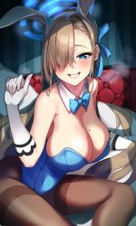 Rule 34 | 1girl, animal ears, asuna (blue archive), asuna (bunny) (blue archive), bare shoulders, blue archive, blue eyes, blush, bow, bowtie, breasts, cleavage, detached collar, elbow gloves, fake animal ears, gloves, hair over one eye, heavy breathing, large breasts, leotard, lips, long hair, looking at viewer, mole, mole on breast, pantyhose, playboy bunny, sitting, smile, solo, teeth, traditional bowtie, white gloves, yoku yoo