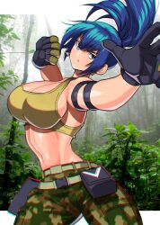 Rule 34 | 1girl, akisu k, arm pouch, bare shoulders, blue eyes, blue hair, breasts, camouflage, cargo pants, chromatic aberration, crop top, earrings, jewelry, leona heidern, pants, ponytail, sleeveless, soldier, solo, tank top, the king of fighters, the king of fighters xv, triangle earrings, twisted torso, vegetation, yellow tank top
