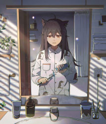 Rule 34 | 1girl, ahoge, animal ears, animal print, arknights, bird print, black hair, breast pocket, brown eyes, commentary request, electric plug, electrical outlet, electrical outlet, half-closed eyes, lococo:p, long hair, long sleeves, mirror, pajamas, plant, pocket, potted plant, reflection, sleepy, solo, texas (arknights), toothbrush, toothpaste, wolf ears