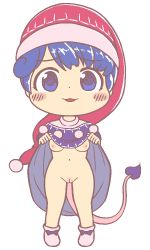 Rule 34 | 1girl, anonymous (japanese), blue eyes, blue hair, blush, breasts, cleft of venus, clothes lift, doremy sweet, dress, dress lift, facing viewer, full body, gyate gyate, hat, lifted by self, looking at viewer, nude, pussy, santa hat, simple background, smug, socks, solo, standing, tail, touhou, transparent background, uncensored