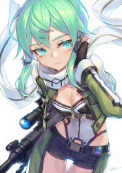 Rule 34 | 1girl, adjusting hair, arm at side, black gloves, blue eyes, blue hair, blush, breasts, commentary request, fingerless gloves, frown, gloves, green hair, gun, hair between eyes, hair ornament, hairclip, hand in own hair, hand up, holding, holding gun, holding weapon, kws, looking at viewer, medium breasts, rifle, scarf, short hair, short shorts, shorts, signature, simple background, sinon, sniper rifle, solo, sword art online, sword art online alternative: gun gale online, weapon, white background