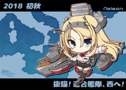 Rule 34 | 1girl, 2018, black skirt, blonde hair, blue eyes, blush stickers, brown thighhighs, cannon, character name, chibi, closed mouth, collared jacket, commentary request, flower, grey footwear, grey hairband, hair between eyes, hairband, jacket, kantai collection, kisaragi yuu (re:lucks), long hair, long sleeves, machinery, map, nelson (kancolle), outstretched arm, pleated skirt, red flower, red neckwear, red rose, rose, shoes, skirt, sleeves past wrists, smile, solo, standing, standing on one leg, thighhighs, translation request, turret, v-shaped eyebrows, very long hair, white jacket