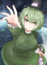 Rule 34 | 1girl, absurdres, black hat, breasts, closed mouth, cross-laced clothes, dress, ears, ghost tail, green dress, green eyes, green hair, hair between eyes, hand up, hat, highres, large breasts, long sleeves, looking at viewer, ofuda, ofuda on clothes, reaching, reaching towards viewer, short hair, soga no tojiko, solo, takana (forsterite), tate eboshi, touhou