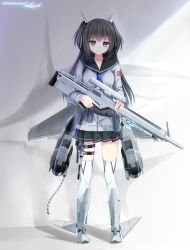Rule 34 | 1girl, absurdres, aircraft, airplane, expressionless, eyebrows, fighter girls project, fighter jet, grey background, gun, hagi (ame hagi), head tilt, heterochromia, highres, holding, holding gun, holding weapon, holster, jet, long hair, long sleeves, looking at viewer, military, military vehicle, original, people&#039;s liberation army, people&#039;s liberation army navy, pleated skirt, sailor collar, school uniform, serafuku, shirt, simple background, skirt, solo, standing, thigh holster, thighhighs, trigger discipline, weapon, white shirt, zettai ryouiki