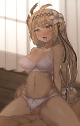 Rule 34 | 1boy, 1girl, bad id, bad pixiv id, blonde hair, blue eyes, bra, breasts, censored, clothed sex, clothing aside, curtains, girl on top, granblue fantasy, hair ornament, hairband, hetero, indoors, jeanne d&#039;arc (granblue fantasy), long hair, medium breasts, mosaic censoring, navel, nt00, open mouth, panties, panties aside, penis, pussy, sex, solo focus, sweat, underwear, underwear only, vaginal, white bra, white panties, window