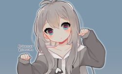 Rule 34 | 1girl, antenna hair, blue eyes, colored inner hair, grey hair, grey hoodie, hood, hoodie, indie virtual youtuber, long hair, looking at viewer, multicolored hair, orca girl, oversized clothes, paw pose, shachi (artist), shachi (vtuber), sleeves past wrists, very long hair, virtual youtuber, whale girl