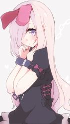 Rule 34 | 1girl, animal ears, black bow, black dress, blush, bow, chain, closed mouth, cuffs, dress, enelis, frilled dress, frills, grey background, hair over one eye, hairband, hands up, long hair, looking at viewer, original, pink hair, puffy short sleeves, puffy sleeves, purple eyes, rabbit ears, red bow, red hairband, short sleeves, sidelocks, solo, very long hair