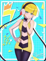 Rule 34 | 1girl, aqua background, aroma 0404, black choker, black pantyhose, blonde hair, blunt bangs, cable, character name, choker, collarbone, commentary request, cowboy shot, creatures (company), elesa (pokemon), game freak, grid background, hand on own hip, hand up, headphones, highres, index finger raised, nintendo, pantyhose, pokemon, pokemon bw, short hair, solo