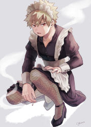 Rule 34 | 1boy, adcalcium, alternate costume, apron, bakugou katsuki, black dress, black footwear, blonde hair, boku no hero academia, cigarette, collarbone, commentary request, crossdressing, dress, enmaided, fishnet legwear, fishnets, full body, grey background, hand on own thigh, high heels, highres, holding, holding cigarette, long sleeves, looking at viewer, maid, maid apron, maid headdress, male focus, open mouth, red eyes, short hair, simple background, smoke, solo, spiked hair, squatting
