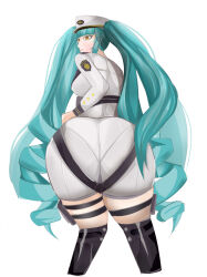 Rule 34 | 1girl, absurdres, aqua hair, ass, ass focus, blush, boots, breasts, drill hair, from behind, goddess of victory: nikke, hat, highres, huge ass, large breasts, long hair, looking at viewer, looking back, military, military uniform, parted lips, privaty (nikke), sharkgill, short shorts, shorts, sideboob, solo, thigh strap, twin drills, twintails, uniform, very long hair, yellow eyes