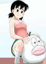Rule 34 | 1girl, black hair, blush, breasts, camisole, closed mouth, commentary request, doraemon, highres, minamoto shizuka, short hair, skirt, smile, socks, solo, takaya n, twintails