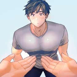 Rule 34 | 1boy, blue background, blush, closed mouth, covered erect nipples, cyak061, grey shirt, large pectorals, leaning forward, looking at viewer, male focus, mole, mole on cheek, original, palms, pectorals, pink eyes, pov, pov hands, shirt, short hair, short sleeves, simple background, upper body