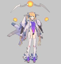 Rule 34 | 1girl, armor, bit (r-type), blonde hair, blue eyes, bodysuit, boots, breasts, closed mouth, commentary request, covered navel, enkyo yuuichirou, floating, floating object, force (r-type), full body, grey background, high heel boots, high heels, highres, long hair, mecha musume, medium breasts, multicolored hair, personification, r-type, r-type delta, rigging, rx-10 albatross, shoulder armor, sidelocks, simple background, solo, standing, twintails, very long hair, white bodysuit